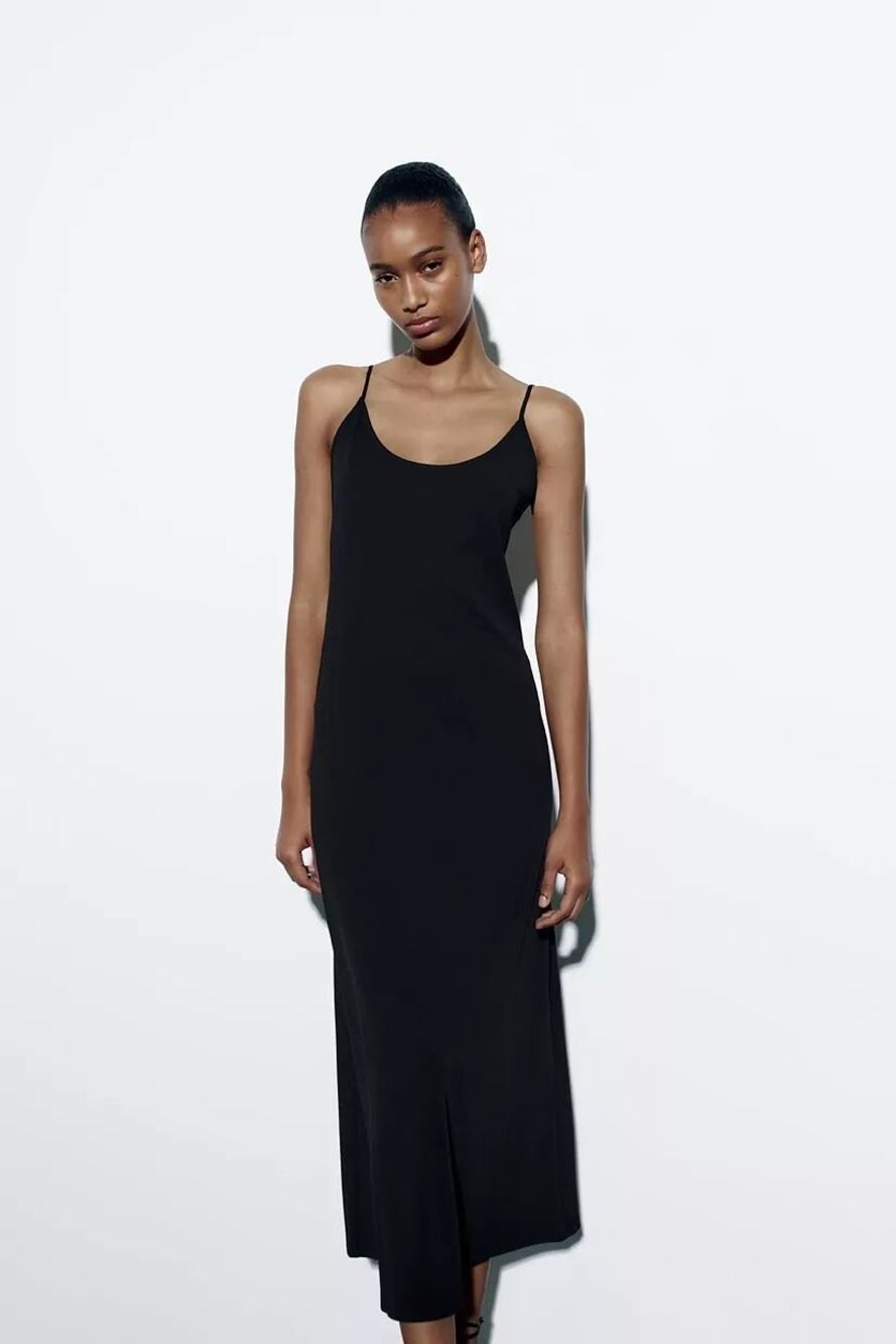 Zara Black cami Camisole Sleeveless Spaghetti Strap Open Back Midi Dress Sz S